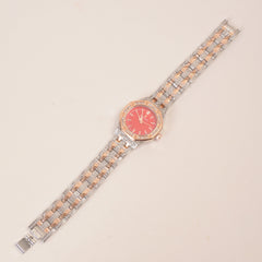 Two Tone Women Stone Design Chain Wrist Watch Red