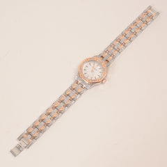 Two Tone Women Stone Design Chain Wrist Watch White