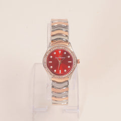 Two Tone Women Stone Design Chain Wrist Watch Red Dial