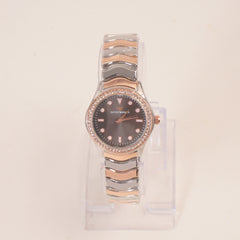 Two Tone Women Stone Design Chain Wrist Watch Black Dial