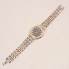 Two Tone Women Stone Design Chain Wrist Watch Black Dial