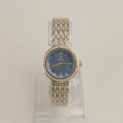 Two Tone Women Stone Design Chain Wrist Watch Blue Dial