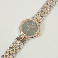 Two Tone Women Stone Design Chain Wrist Watch Rosegold Green