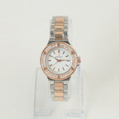 Two Tone Women Stone Design Chain Wrist Watch Rosegold White