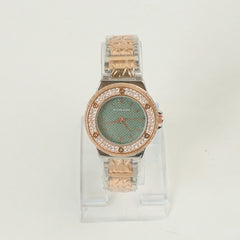 Two Tone Women Stone Design Chain Wrist Watch Rosegold Green