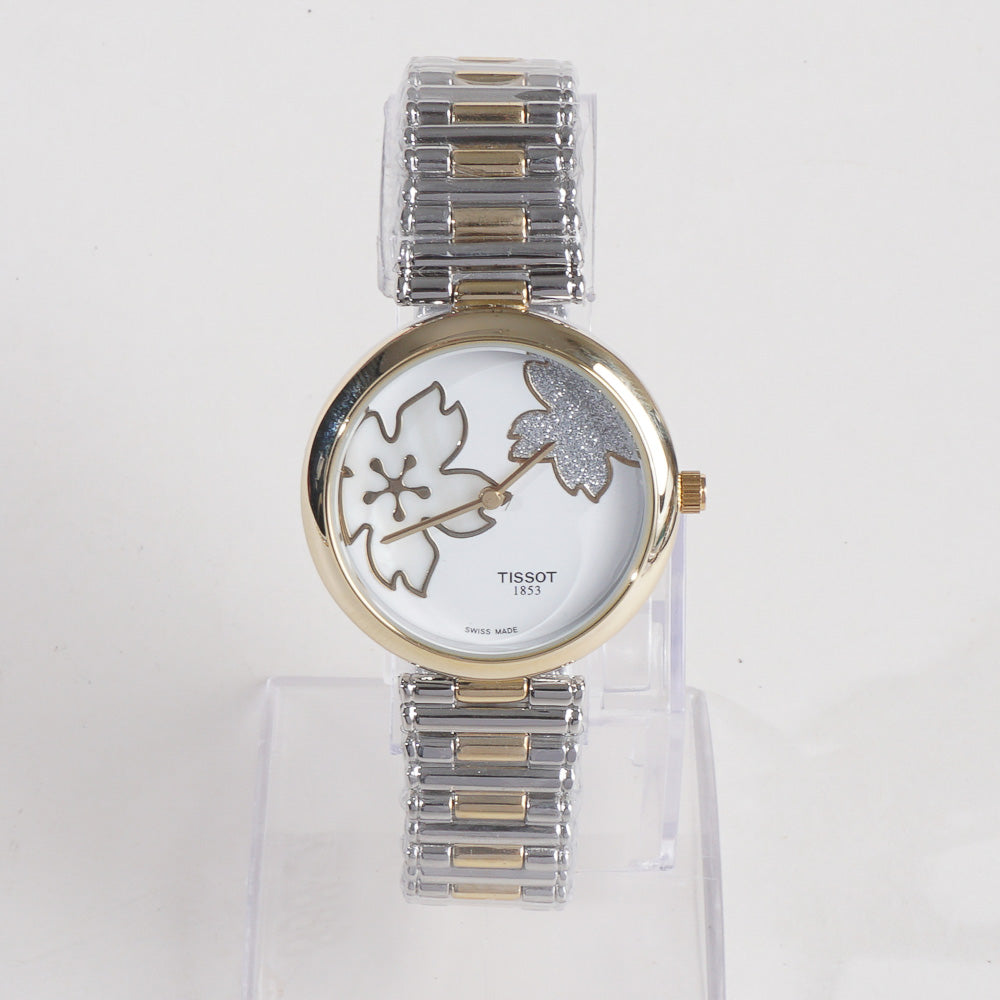 Two Tone Women Stylish Chain Wrist Watch Silver&Golden With White Dial