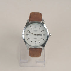 Man's Wrist Watch Silver White with Brown Straps