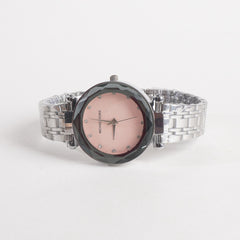 Women Stylish Chain Wrist Watch Silver With Pink Dial MK