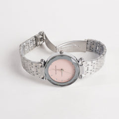 Women Stylish Chain Wrist Watch Silver With Pink Dial MK