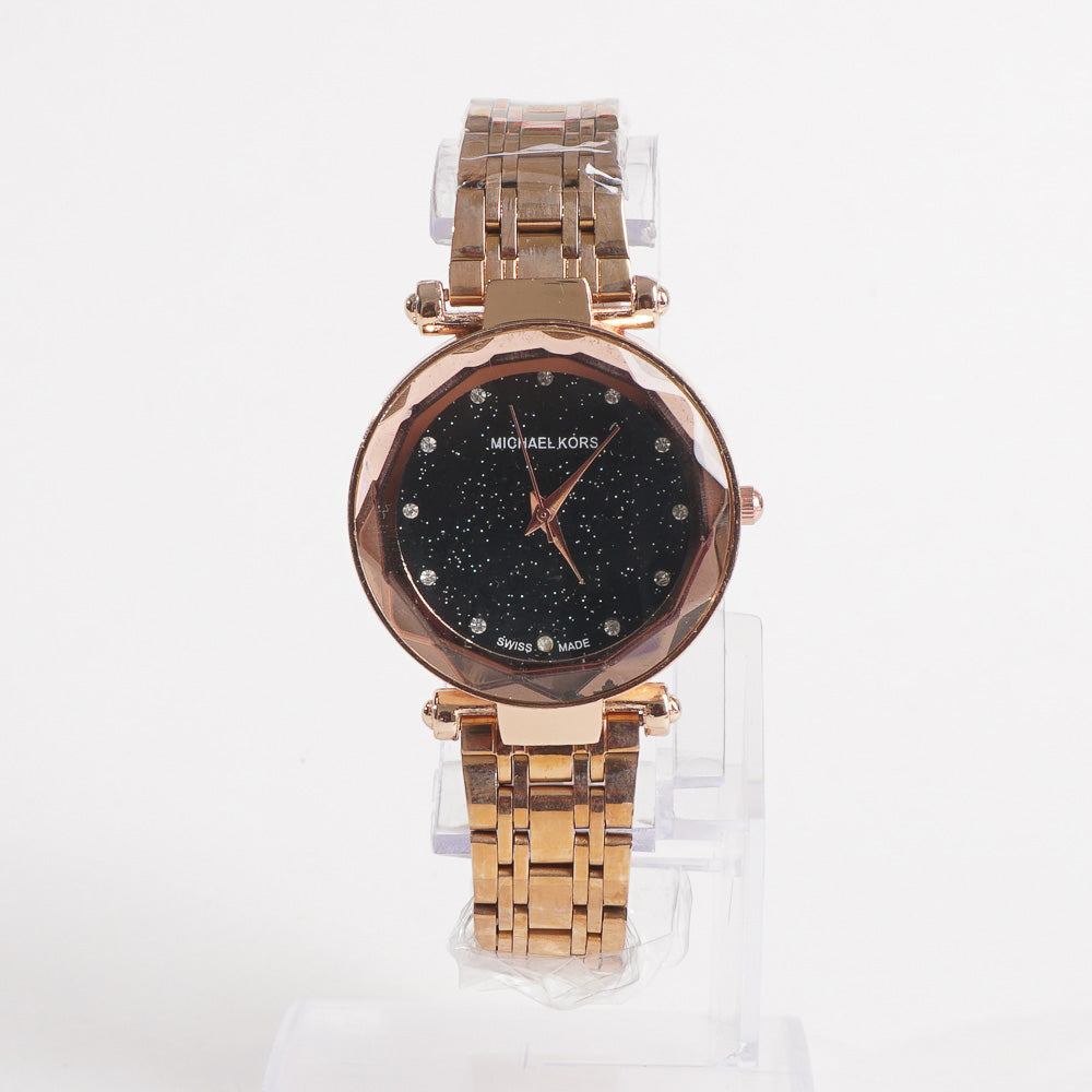 Women Stylish Chain Wrist Watch Rosgold With Black Dial MK