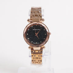 Women Stylish Chain Wrist Watch Rosgold With Black Dial MK