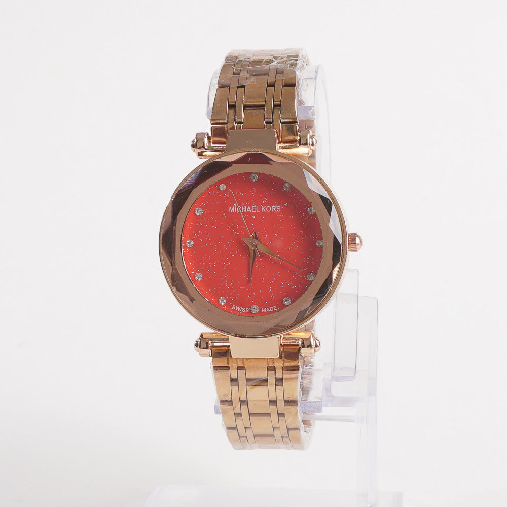 Women Stylish Chain Wrist Watch Rosgold With Red Dial MK