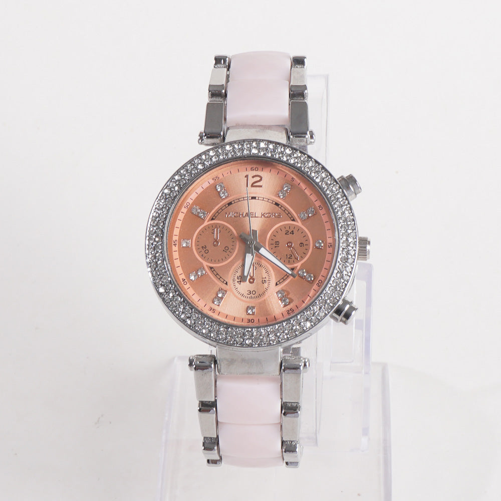 Women Chain Wrist Watch MK Silver Pink Orange