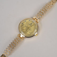 Woman Chain Wrist Watch Stone Design Golden