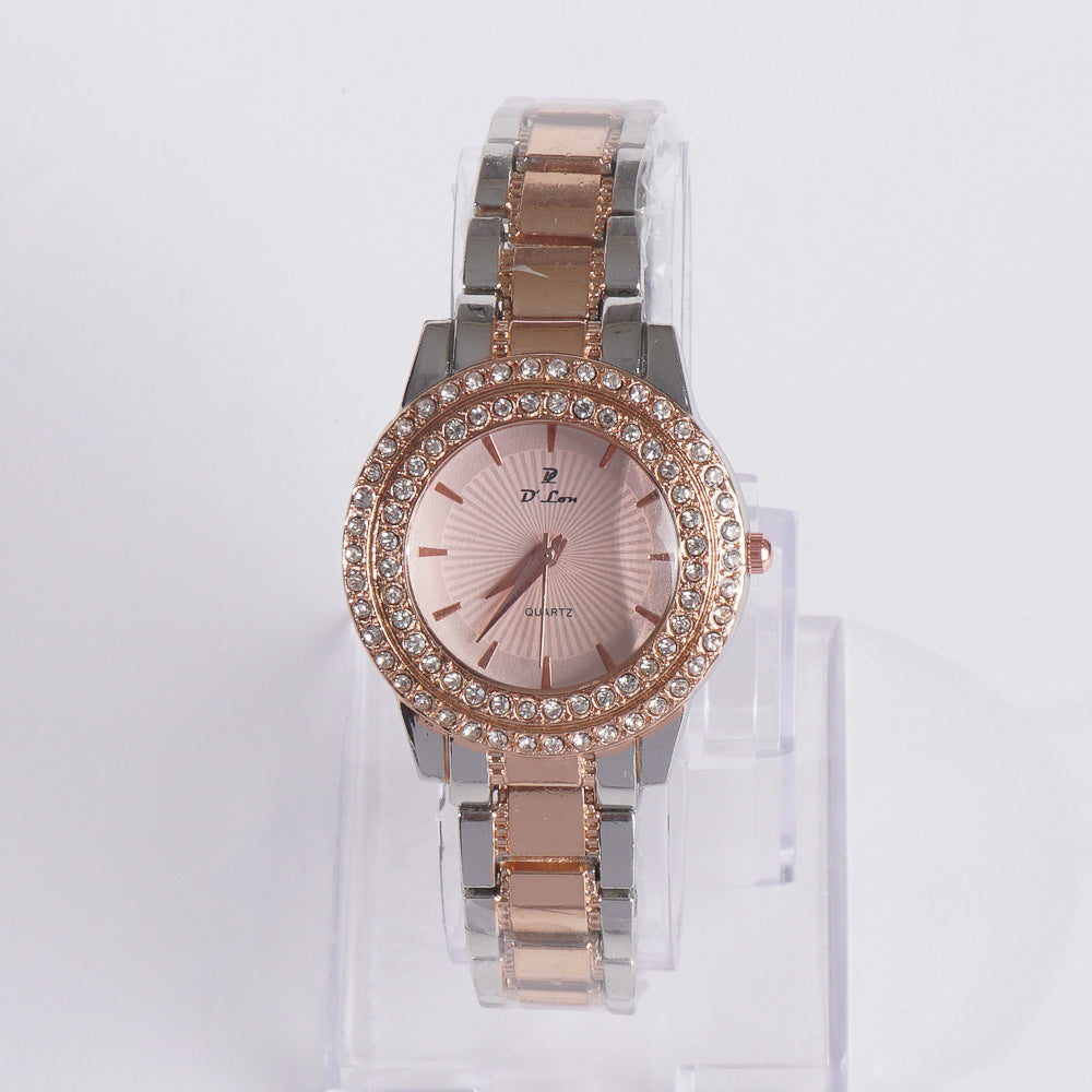 Two Tone Womens Chain Wrist Watch Dual Stone Rosegold