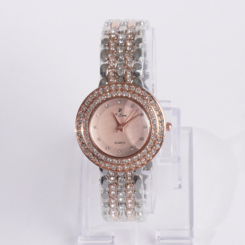 Two Tone Dual Stone Womens Chain Wrist Watch Rosegold
