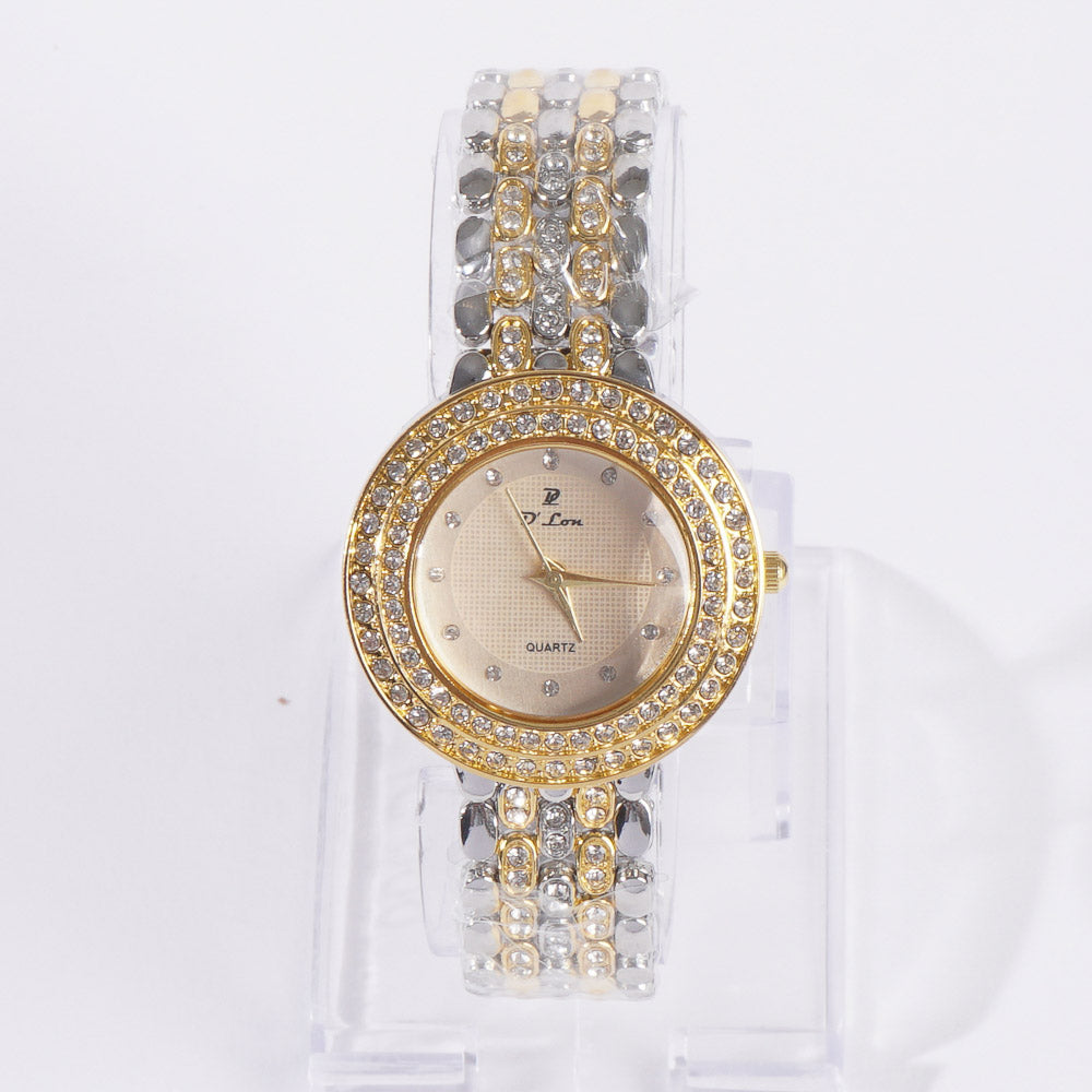 Two Tone Dual Stone Womens Chain Wrist Watch Golden
