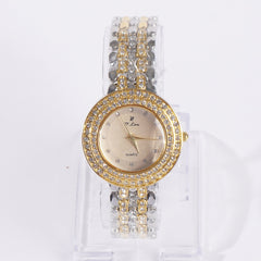 Two Tone Dual Stone Womens Chain Wrist Watch Golden