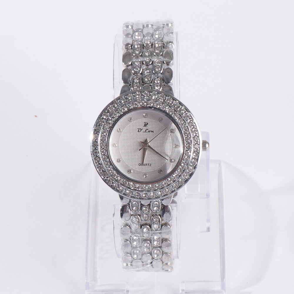 Dual Stone Womens Chain Wrist Watch Silver