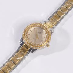 Two Tone Womens Chain Wrist Watch Dual Stone Golden