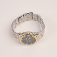 Two Tone Mens Silver Chain Wrist Watch with Black Dial