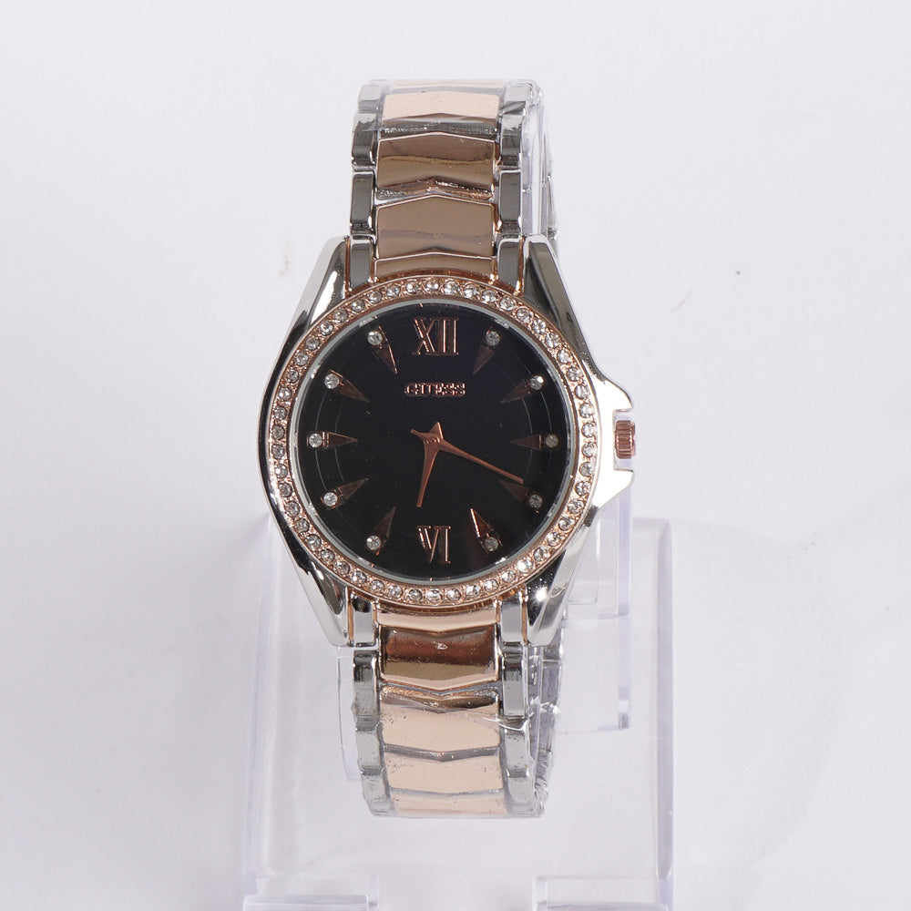 Two Tone Women Stylish Chain Wrist Watch Rosegold BLK