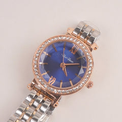 Two Tone Woman Silver Rosegold Chain Watch With Blue Dial