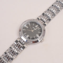 Woman Silver Chain Watch With Black Dial