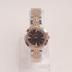 Two Tone Woman Silver Rosegold Chain Watch With Black Dial