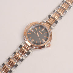 Two Tone Woman Silver Rosegold Chain Watch With Black Dial