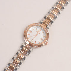 Woman Silver Rosegold Chain Watch With White Dial
