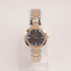 Woman Silver Golden Chain Watch With Black Dial