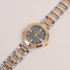 Woman Silver Golden Chain Watch With Black Dial