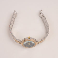 Woman Silver Golden Chain Watch With Black Dial