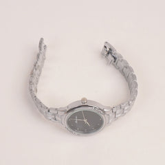 Woman Silver Chain Watch With Black Dial