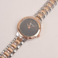 Two Tone Woman Silver Rosegold Chain Watch With Black Dial