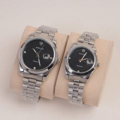 Couple Watches Silver Chain with Black Dial
