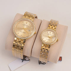 Couple Watches Golden Chain with Golden Dial