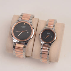 Two Tone Couple Watches Silver Pink Chain with Black Dial