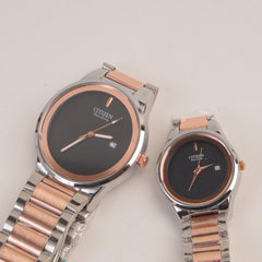 Two Tone Couple Watches Silver Pink Chain with Black Dial