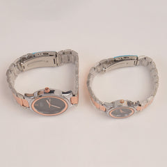 Two Tone Couple Watches Silver Pink Chain with Black Dial