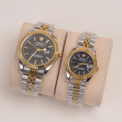 Two Tone Couple Watches Silver Golden Chain with Black Dial