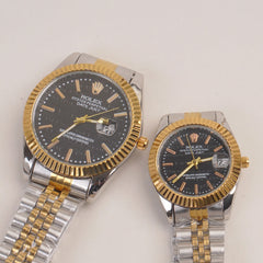 Two Tone Couple Watches Silver Golden Chain with Black Dial