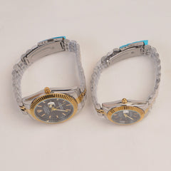 Two Tone Couple Watches Silver Golden Chain with Black Dial