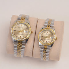 Two Tone Couple Watches Silver Golden Chain with Golden Dial