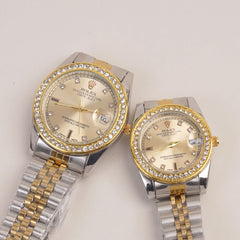 Two Tone Couple Watches Silver Golden Chain with Golden Dial