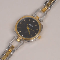 Two Tone Woman Silver Golden Chain Watch With Black Dial