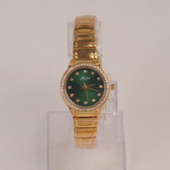 Woman Golden Chain Watch With Green Dial