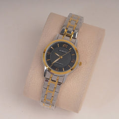 Two Tone Silver Gld Chain Womans Watch Black Dial