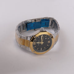Two Tone Golden Silver Chain Mans Wrist Watch Blk Dial